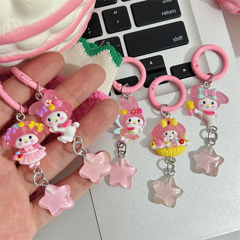 Kawaii Melody Pentagram Keychain Pendant Anime Cartoon Cinnamonroll Transparent Flashing Keychain Girl Bag Accessories Gift