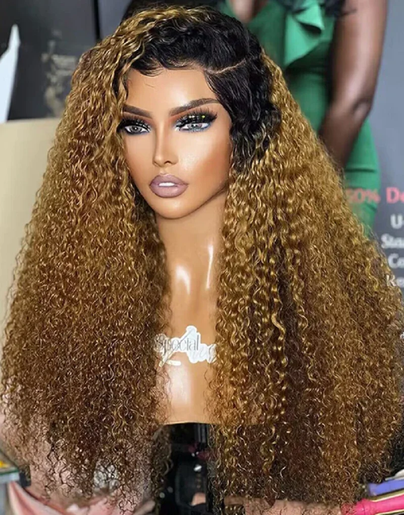 Preplucked Soft 26Inch 180Density Ombre Blond Kinky Curly Long Lace Front Wig For Women With Baby Hair Glueless Daily