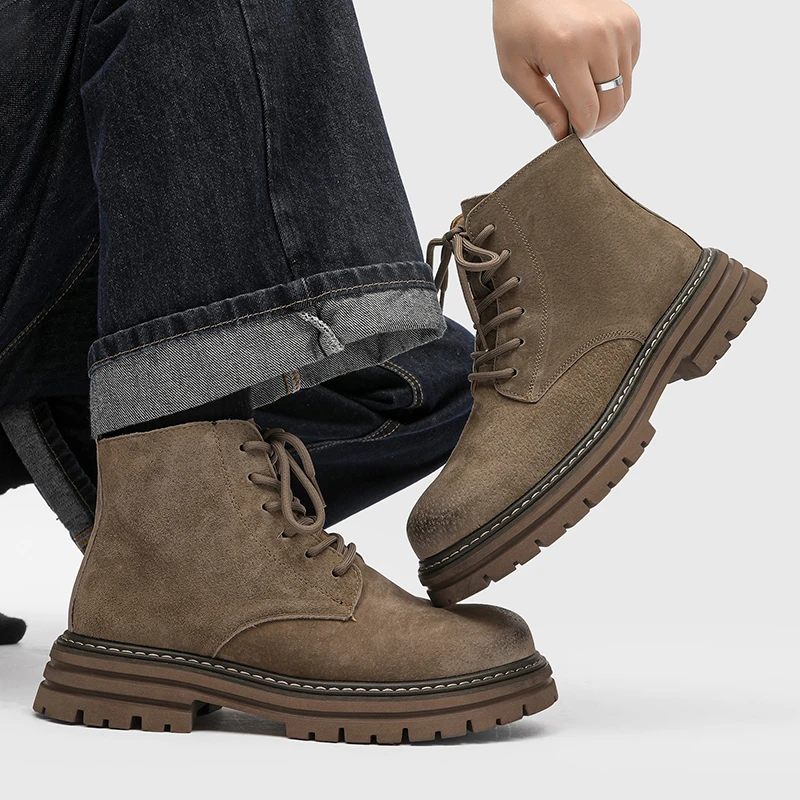 

American Retro Men's Boots, 2025 New Autumn-winter Genuine Leather British Style Workwear Boots, Men's Thick-soled Suede Shoes