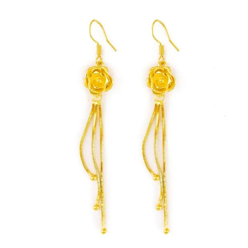 9999 oro real 24K oro amarillo pendientes de flores de moda gancho de oreja de flor rosa