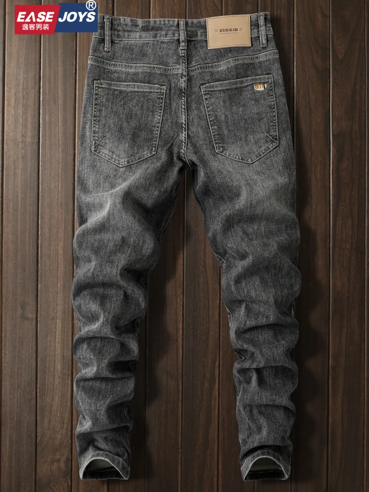 

2025 новые мужские модные эластичные маленькие прямые длинные брюки с вышивкой, летние трендовые дымчато-серые джинсы