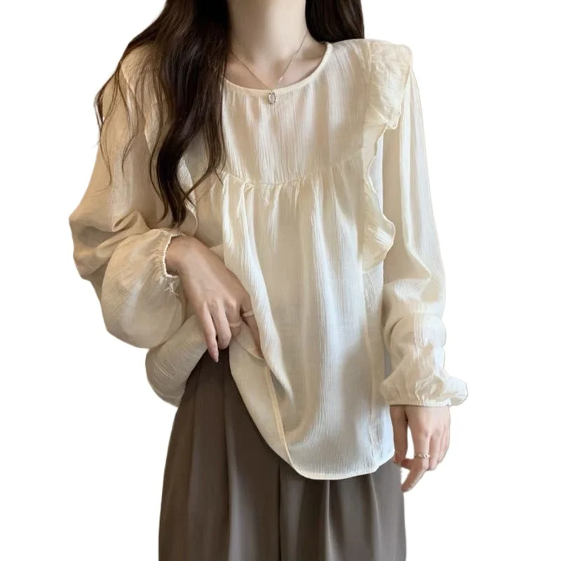 Ruffles Shirts and Blouses Korea Solid Elegant and Youth Woman Blouses Female Top Long Sleeve Chiffon Autumn Clothes 2024 New