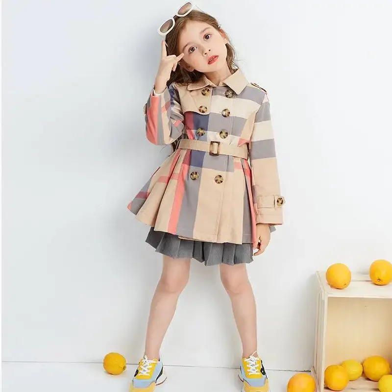 Spring Autumn Girls Trench Coat New Teenage Long Sleeve Trench Jacket Double Breasted Belted Windbreaker Kids Plaid Coat 2-12Y