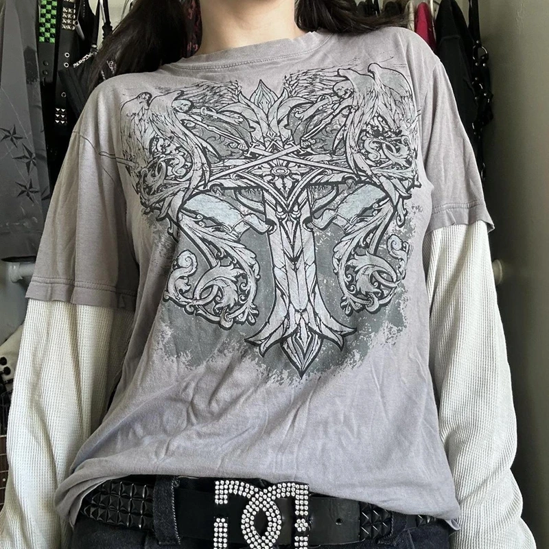 2000s Retro Mall Goth Graphic Print Loose Tops Cyber Y2K Grunge