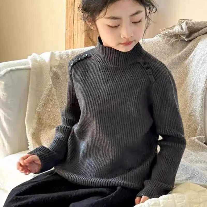 الفتيات الخريف الشتاء محبوك سترة الصلبة طويلة الأكمام قمم الوقوف طوق البلوز مريحة قاع قمصان الأطفال الملابس #4