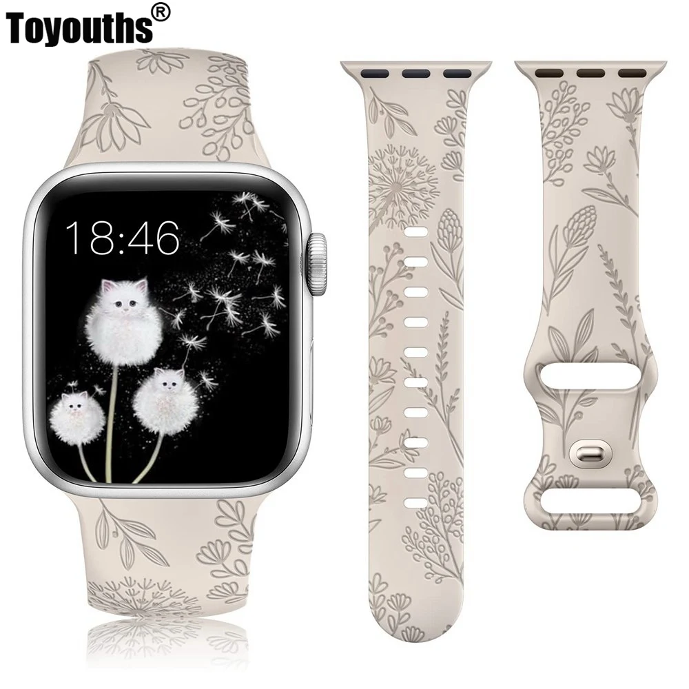 

TOYOUTHS Floral Engraved Band for Apple Watch 38mm 40mm 41mm Dandelion Flower Pattern Silicone Strap for iWatch 9/8/7/6/5/4/3/SE