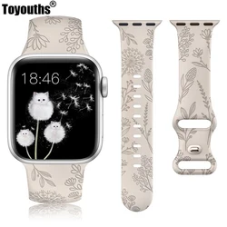 Toyouth-Correa con grabado Floral para Apple Watch, correa de silicona con patrón de flor de diente de león para iWatch 9/8/7/6/5/4/3/SE, 38mm, 40mm, 41mm