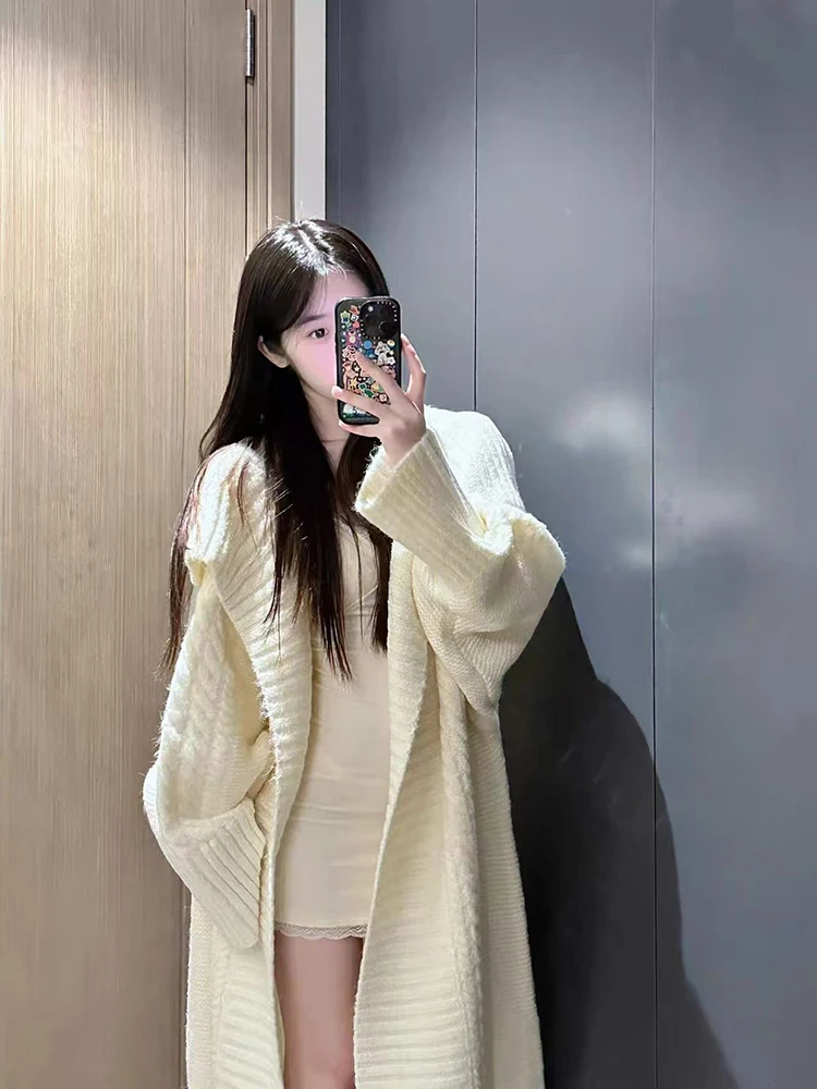 Vintage Lapel Midi Cardigan for Women Autumn Winter Loose Soft V Neck Knitted Long Sweaters Korean Solid All Match Ladies Jacket