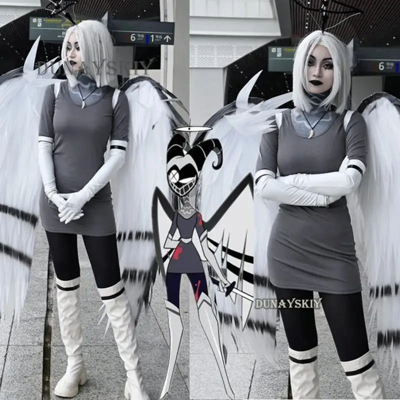 Hazbin Lute Wig Angel Anime Costume Cosplay Shoes Hotel Fight Halloween Carnaval Fancy Party Silver Color Boots Cosplay Prop