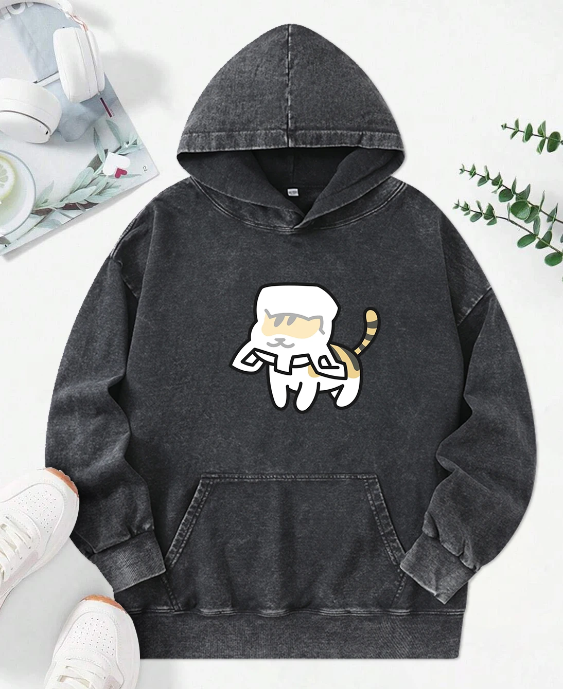 The Cat'S Head Is Wrapped In A Bag Printed Women Washed Hoodie All-Match Street Hoody Loose Pocket Tops Cotton Y2K Pullovers