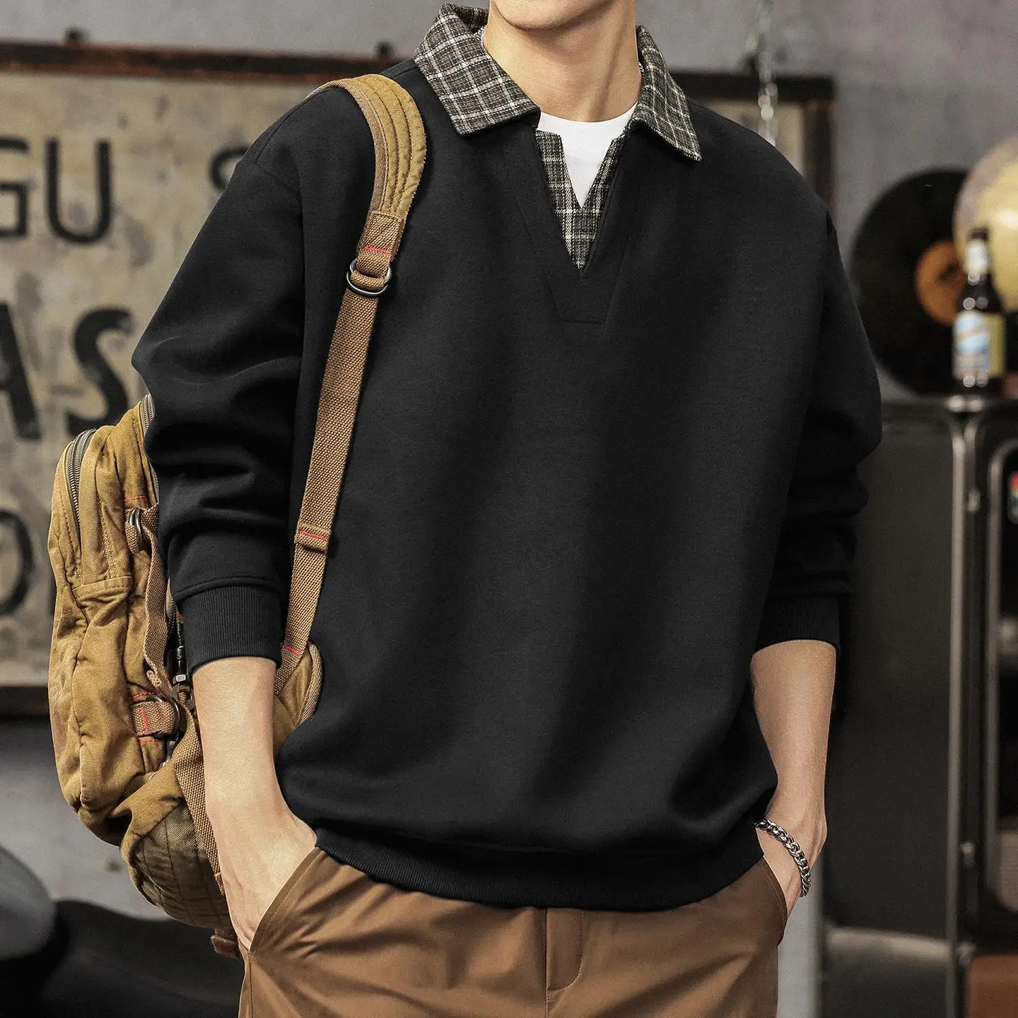 

Heavyweight Plaid Ne Sweatirt Men's Spring Autumn Loose Overhead Retro Versatile Casual Top Warm Non-deformable