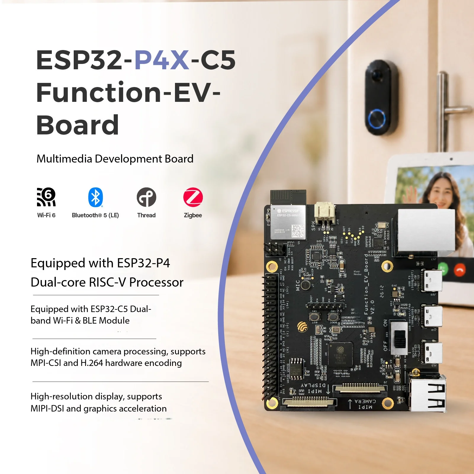 Espressif ESP32-P4X-C5-Function-EV-Board Multimedia Board P4 RISC-V 7Inch Touch MIPI CSI USB Ethernet for Lab Embedded Learning