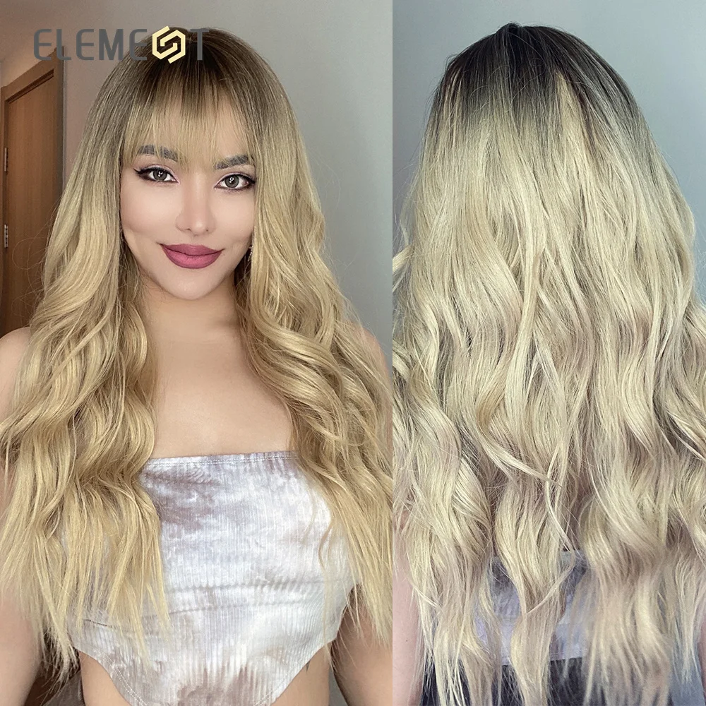 ELEMENT Synthetic Wig Ombre Black to Blonde Long Wave Curly Wigs For Women With Bangs Heat Resistant Hair Daily Party Use