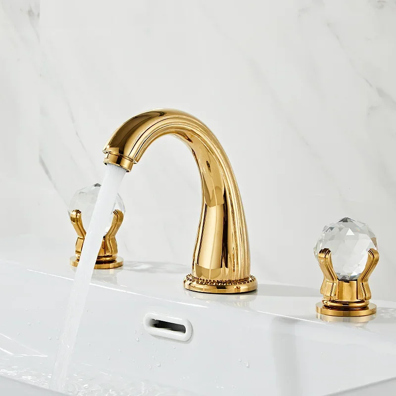 Basin Faucet Gold Widespread Sink Tap Brass Faucet Bathroom Sink Faucet 3 Hole Crystal Handle Hot And Cold Water Tap