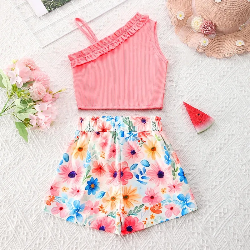 2025 Summer Girls Set Off Shoulder Top Printed Casual Pants Outdoor Beach Suit Sweet Casual Children's Clothing Two-Piece Set