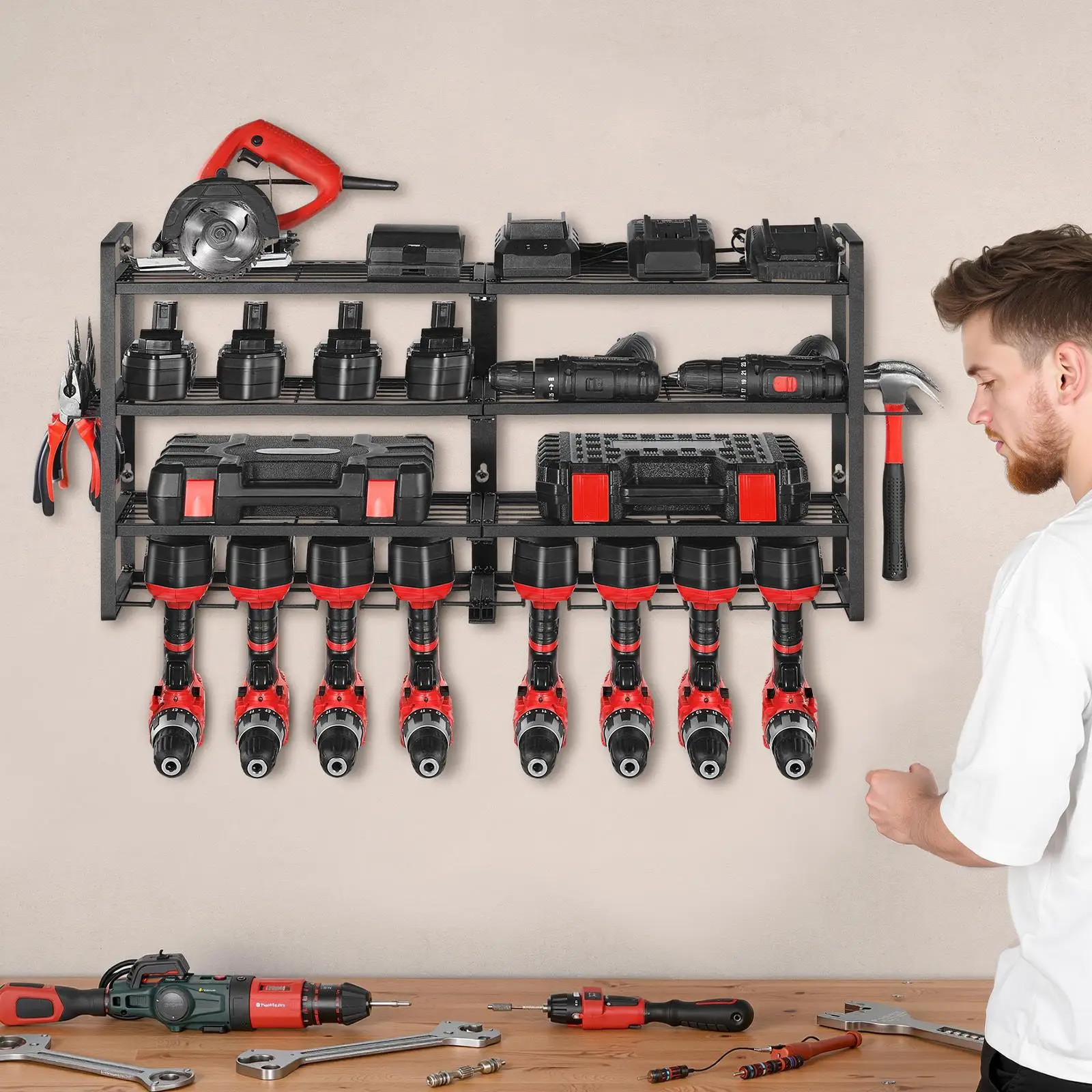 Power Tool Wall Organizer 4 Layer Storage Rack with 8 Drill Holders Screwdriver Holder for garage Workbench Workshop Tool Storage System