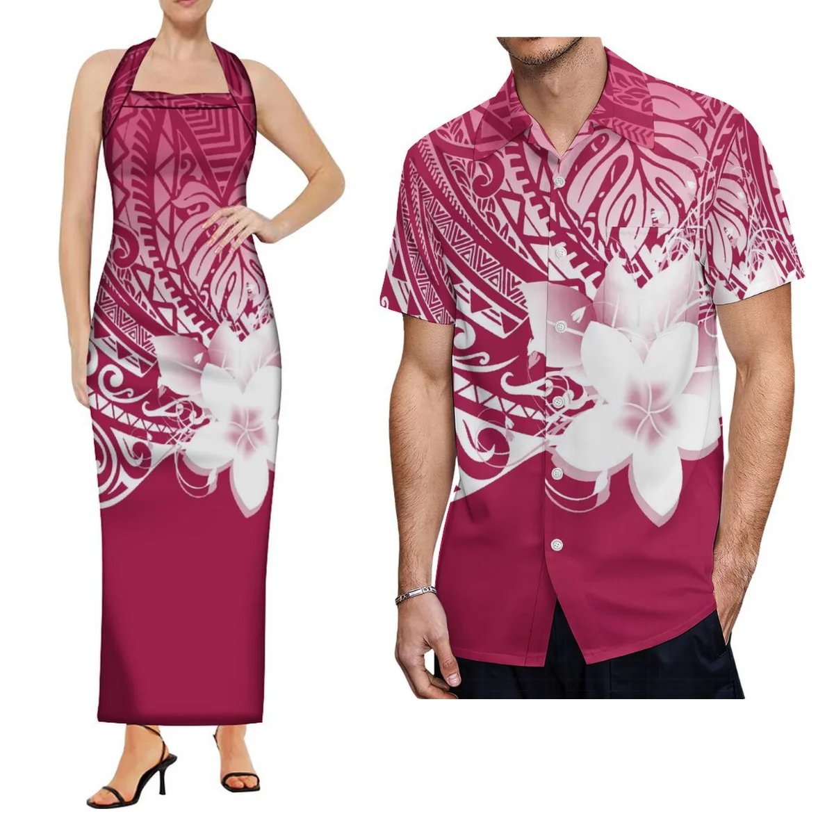 Polynesische Bloemenprint Zomer Kwaliteit Stof Custom Dames Lange Rok Mouwloze Halterband Jurk Heren Overhemd Paar Clotin