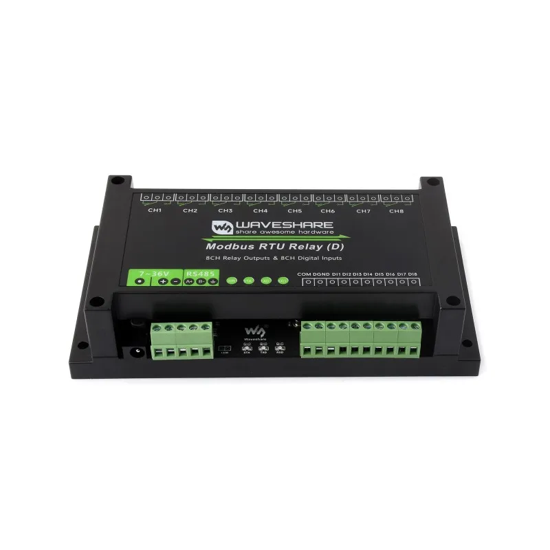 Industrial Modbus RTU 8-ch Relay Module (D) With Digital Input and RS485 Interface, Multi Isolation Protection Circuits, 7~36V