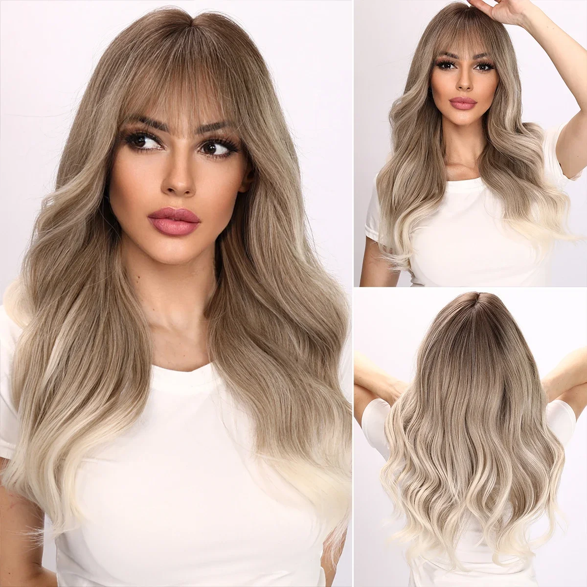 Grey To White Long Wavy Wigs With Straight Bangs For Women Cosplay Party Daily Synthetic Heat Resistant Wigs