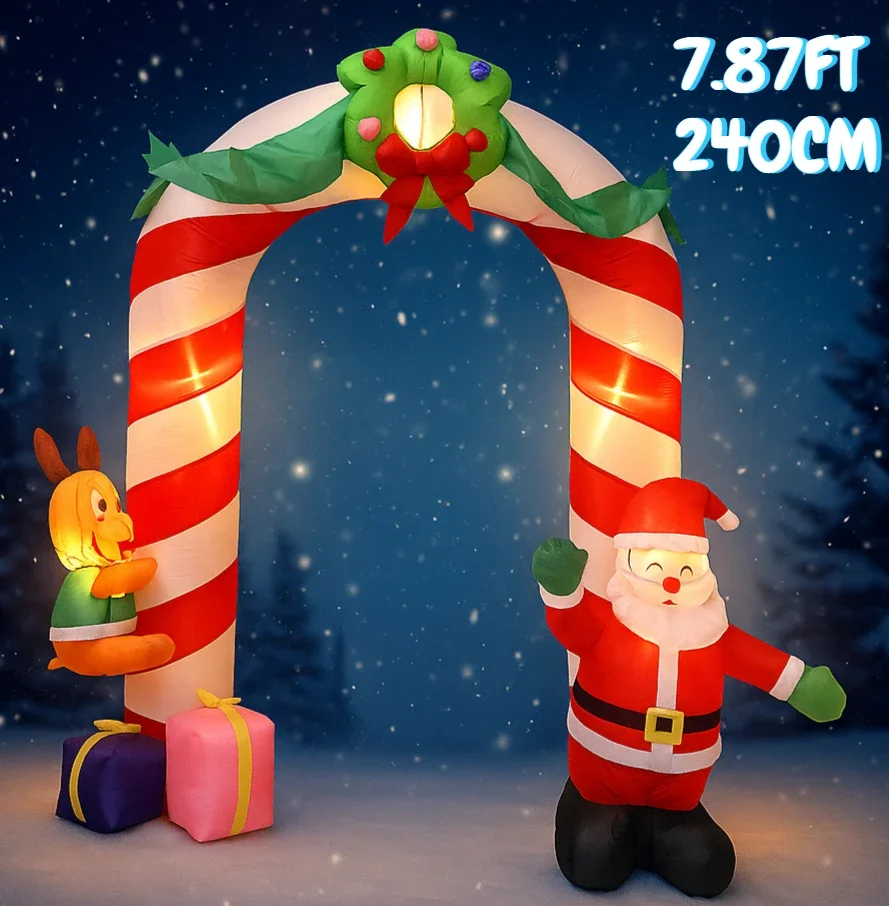 Jouet gonflable de 7,87 pieds, arc de père noël, boîte-cadeau d'animal avec lumière LED, décoration de noël pour fournitures de cour, ornement de maison, cadeau festif