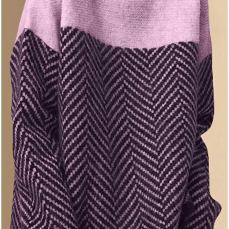 Women Turtleneck Sweater Vintage Patchwork Autumn Winter Knitted Tops Casual Loose Pullovers Korean Fashion Simple Jumpers