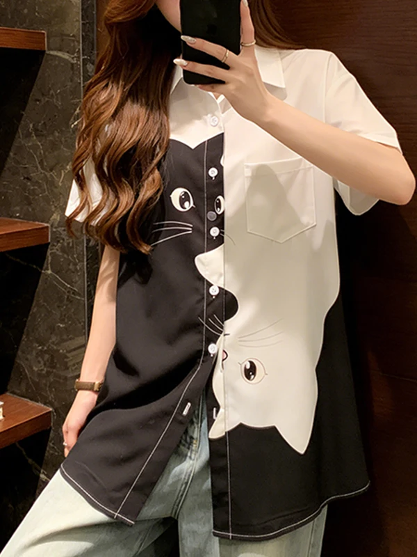 

Summer 2026 Large Size Casual Women's Shirt Cartoon Print Versatile Loose Fit Breathable Short Sleeve Daily Wear