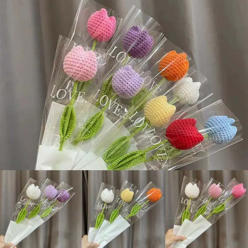 Buquês Artificiais em forma de coração, Artesanal, Flores de crochê, Rosa, Girassol, Tulipas, Decoração de Casamento, Presente de Aniversário, 1Pc