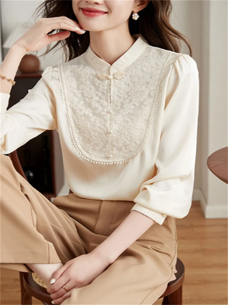 Chinese Style Blouse Women's Shirt Stand Collar Pullover Shirt Female Long Sleeve Woman Clothes Shirts Female Vintage shirt
