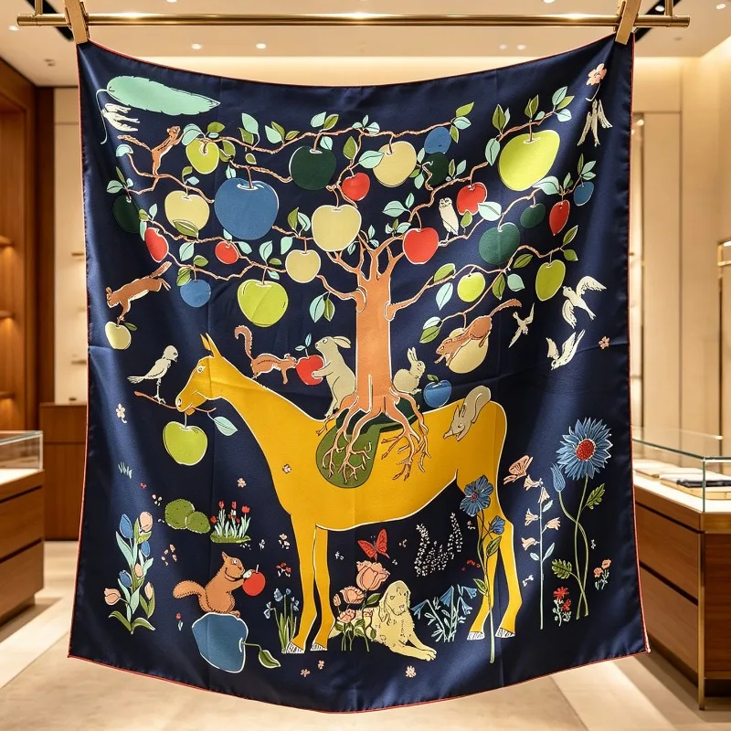 100% MULBERRY SILK Scarf 90x90cm Navy Fairytale Horse Fruit Tree Animal Print Square Scarf Women Shawl Headscarf Decor Gift