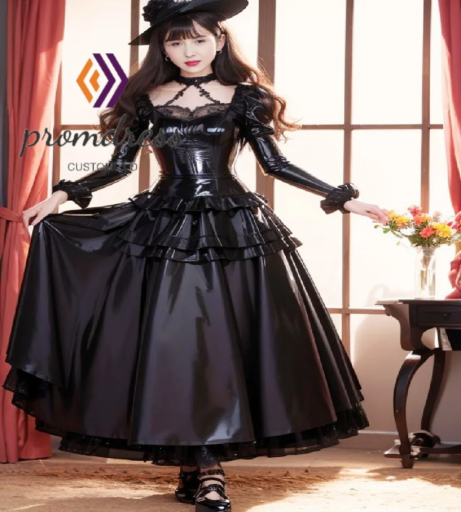 

Sexy Black Gothic Evening Dress With Long Sleeve Cosplay Pvc Prom Dress 2025 A Line Lolita Costume Halloween Party Dress Cyber