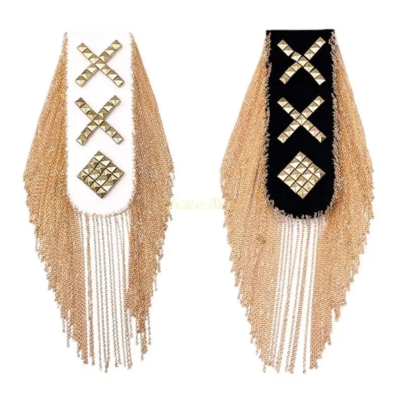 31BF Punk Rivet Studded Shoulder Epaulettes Gold Chain Tassels Brooch Pin Epaulets Shoulder Badge for Suit and Jackets