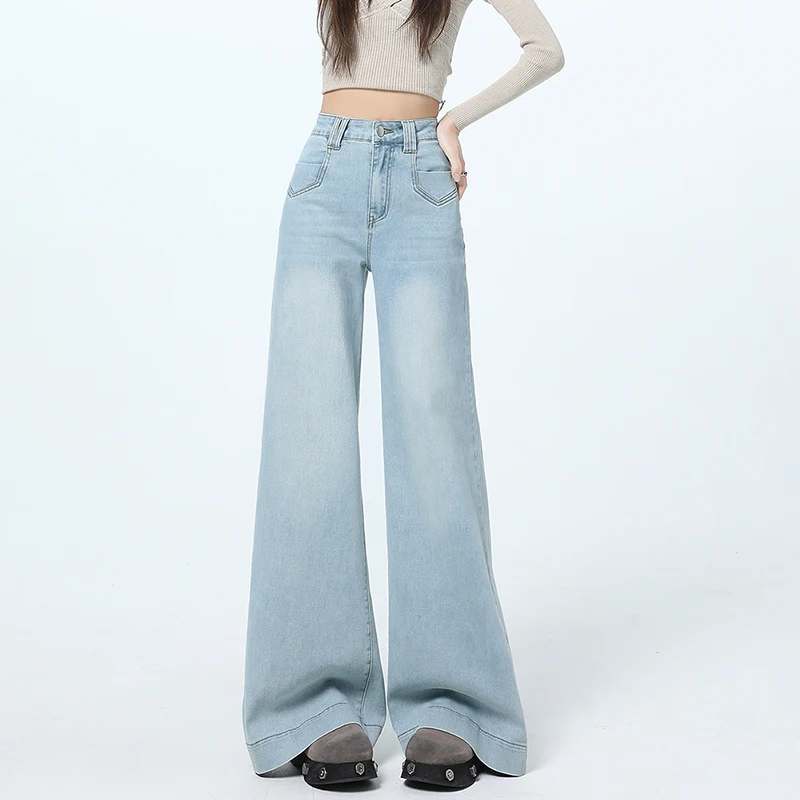 KSTUN 2025 Summer New High Waist Women Wide Leg Jeans Stretch Flared Pants Female Bell-bottom Trousrs Light Blue Dragging Pants