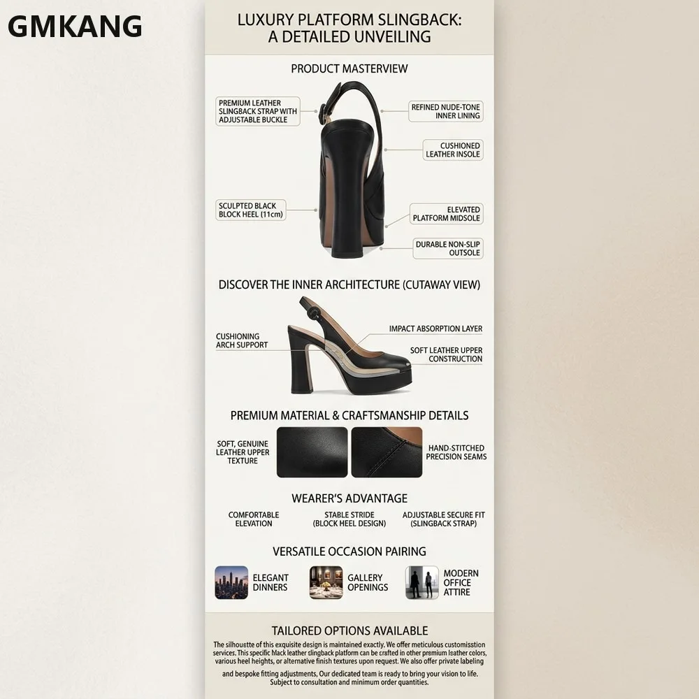 GMKANG Cowhide Platform Pointed Toe Sandals, Block Heel Back Strap Commuter Heels, Summer Closed Toe Office Dress Shoes