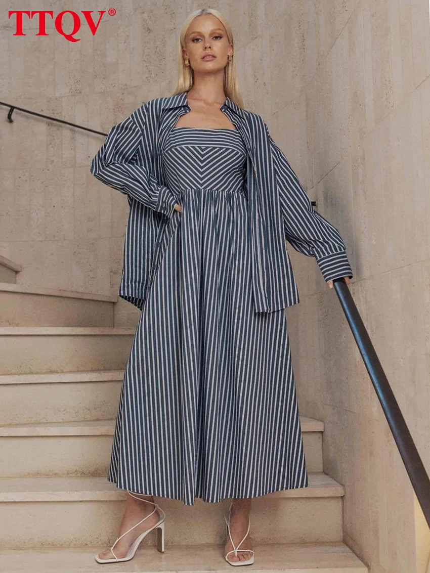 

TTQV Fashion Loose Blue Stripe Women's Two Pieces Set 2026 Elegant Long Sleeve Shirt With High Waist Long Dresses Set Female