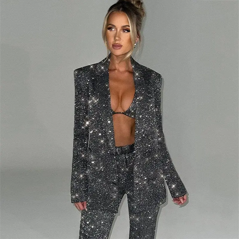 

Shiny High Waist Wide Leg Suit Set Women's Fashion Party Blingbling Two Piece Set Commute Style All Season Long Sleeve Suit