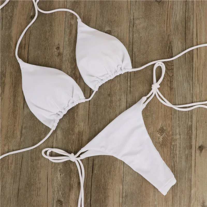 Maillot de bain deux pièces pour femmes, bikini d'été solide, col licou, sangle, culotte tanga, côté droit, string, vêtements de plage, 2024