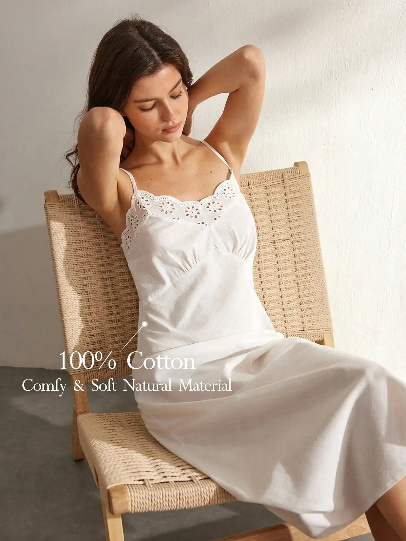 

Women's White Cotton Lace Trim Camisole Nightgown, Soft & Comfortable Sleepwear