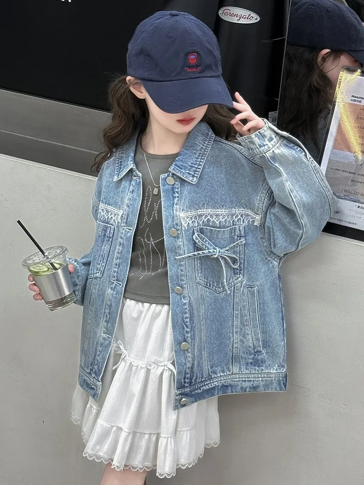 

Girls' Spring Autumn Denim Jaet Heavy Embellied Pearl Casual Loose Fit Breathable Long Sve Middle School Students