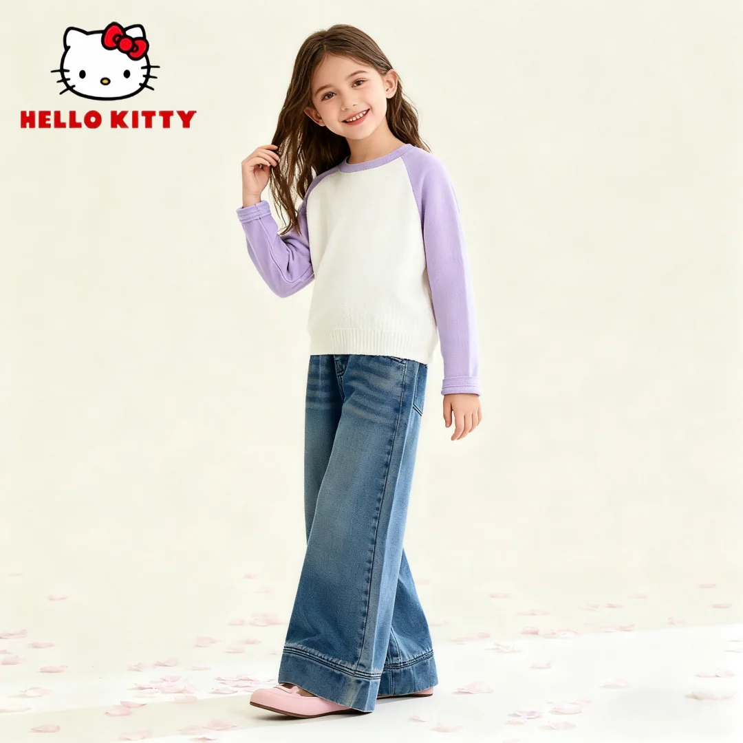Hello Kitty Jeans blu stile trendy per bambini Pantaloni eleganti in denim con taglio a stivale per bambini Pantaloni antivento Jeans di alta qualità