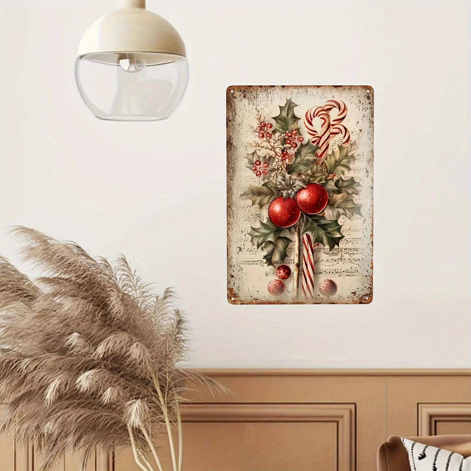 Vintage Christmas Metal Wall Art - Rustic Iron Tin Sign with Red Berries, Candy Canes & Holly Berries, Weather-Resistant Indoor