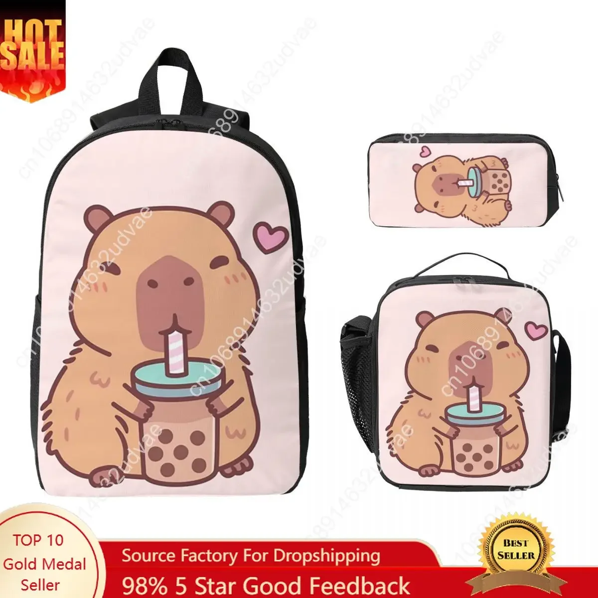 Cute Capybara Loves Drinking Bubble Tea Backpack Student Boys Girls BookBag School Bag 3ps Insulated Lunch Bag Pencil Case