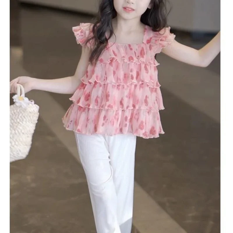 

Girls' Shirt Summer 2025 New Mid University Children's French Short Sleeved Shirt Stylish Top