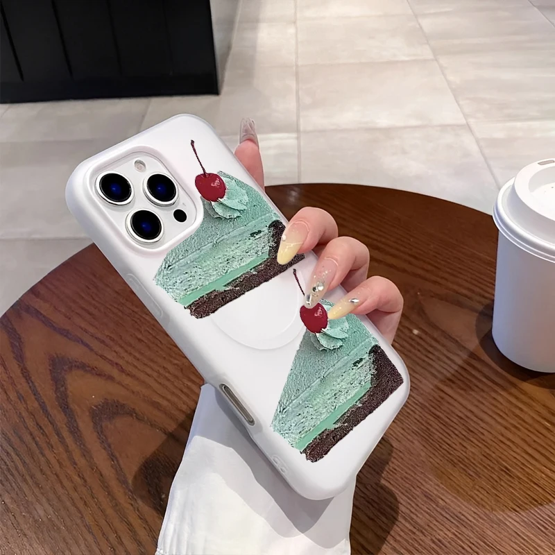 マグネット式シンプルミニマリストグリーン抹茶チョコレートケーキ風iPhone 16/15/14/13/12/11 PROMAX用シリコン製スマホケースカバー