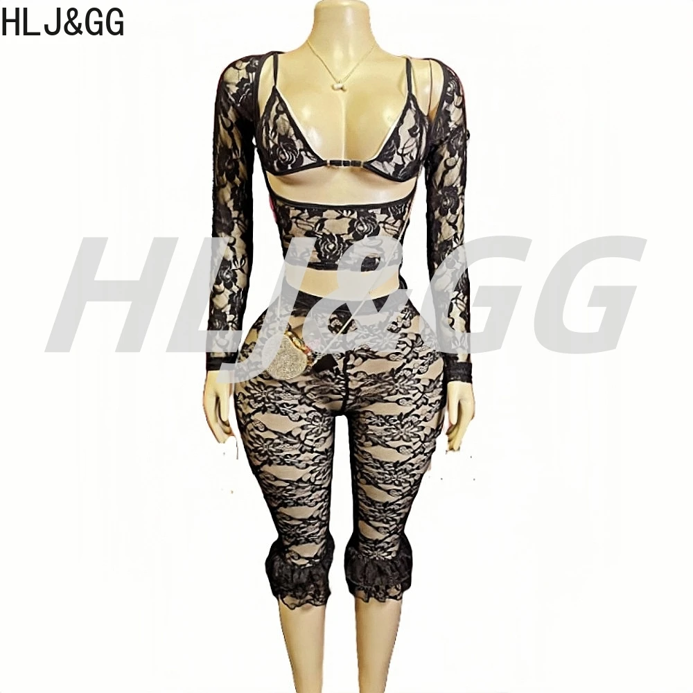 HLJ & GG-Conjunto de dos piezas de encaje transparente para mujer, Top corto de manga larga y pantalones cortos ajustados con volantes, ropa de calle de moda