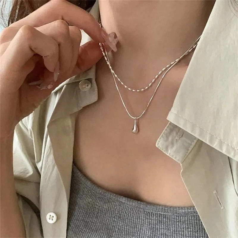 OUYADI High‑End 925 Sterling Silver Double‑Layer For Women Rice‑Bead Chain Teardrop Pendant Delicate Clavicle Necklace Gift