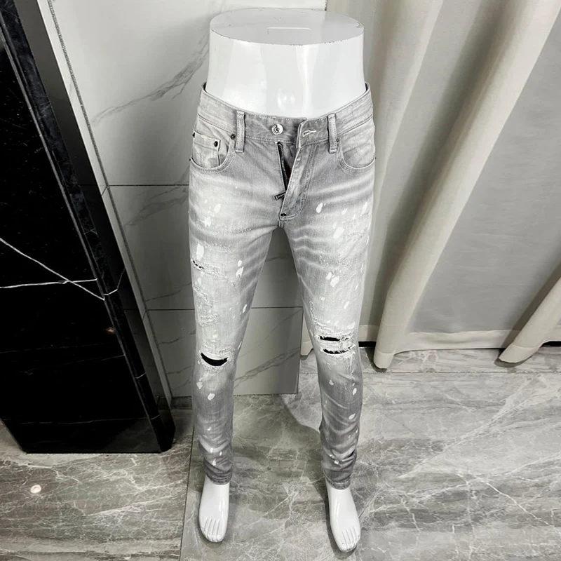 Fashionable new men's jeans washed with nostalgia, stretchy, slim fit, retro perforated, gray painted jeans, high street designe