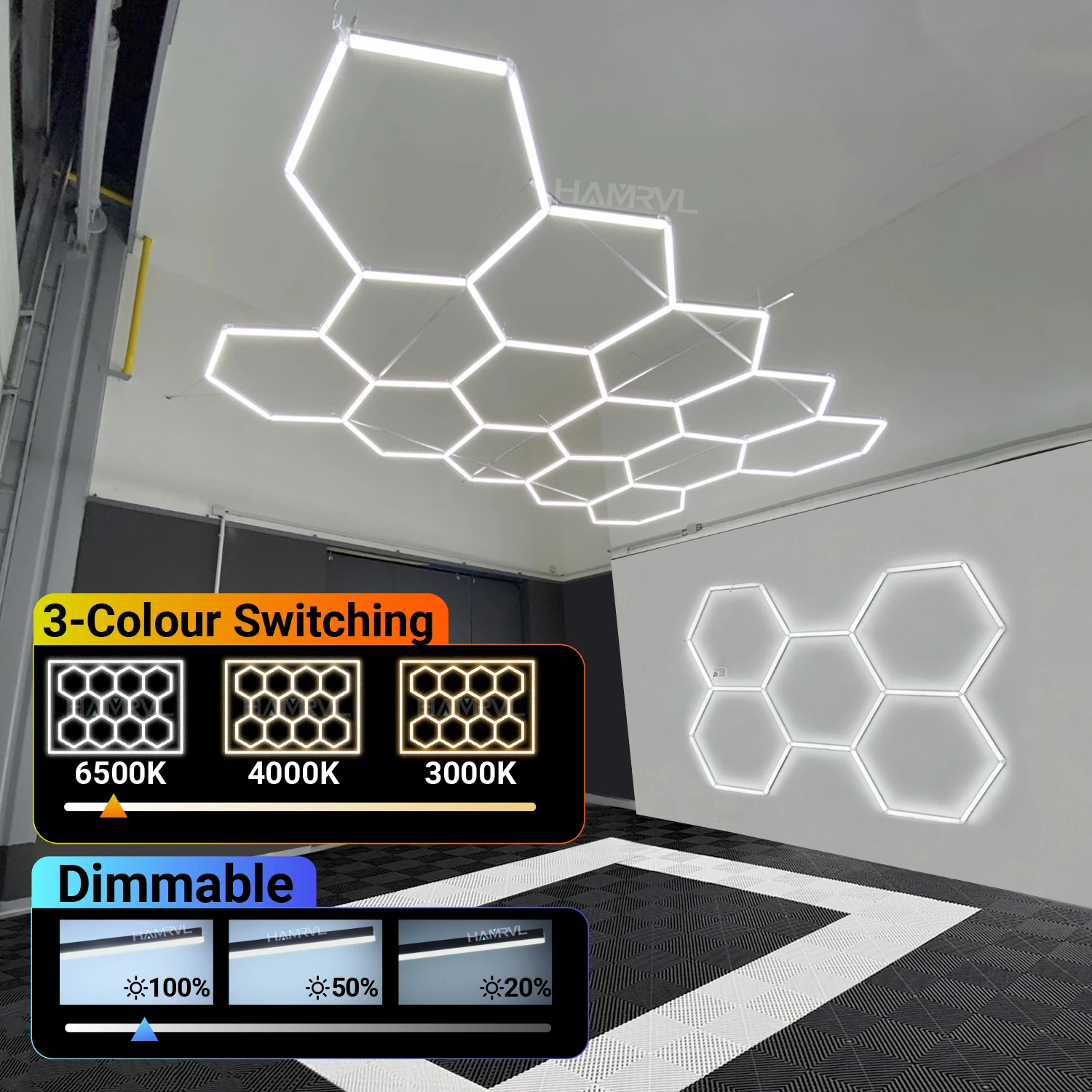6000K-3000K hexagone LED Tube lumières de Garage Dimmable 3 changement de couleur nid d'abeille 4S détail de voiture salle de sport salon de coiffure atelier éclairage de plafond