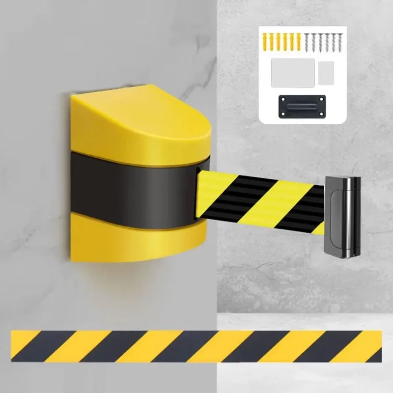 Barrière à ceinture rétractable rayée jaune et noire 2/3/5M, à récupération lente, fixation murale, ceinture de sécurité télescopique, facile à assembler