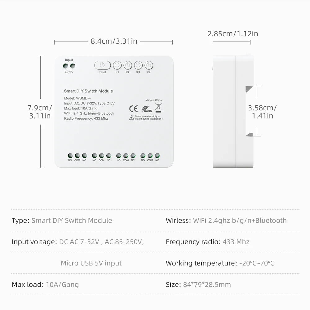 AVATTO Tuya WiFi 7-32V/85-250V Smart Switch Module,RF 433 DIY 4 Channels Relay Module Remote Control For Alexa,Google Home,Alice