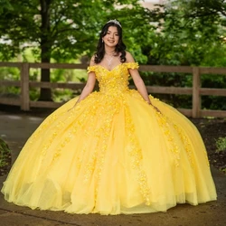 Yellow Quinceanera Dresses Sweetheart Off The Shoulder Applique Lace Beads Puffy Party Dress Ball Gown Vestidos 15 De XV Años